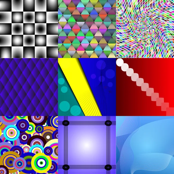 Set aus neun verschiedenen und farbenfrohen abstrakten Hintergründen — Stockvektor
