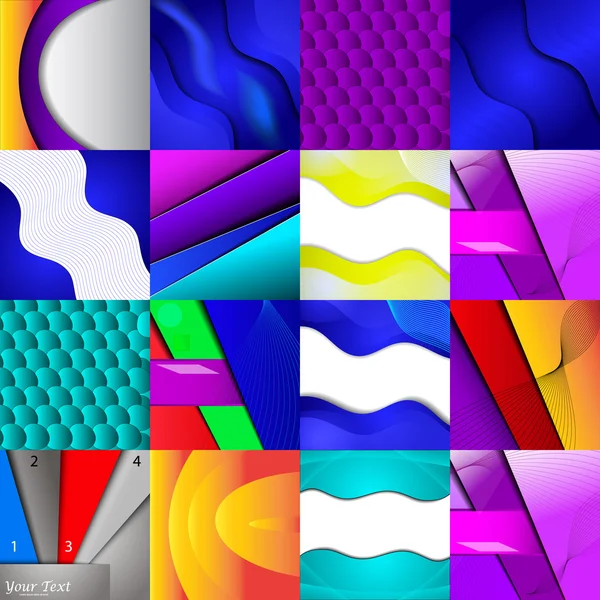 Set von sechzehn verschiedenen und bunten abstrakten Hintergründen — Stockvektor