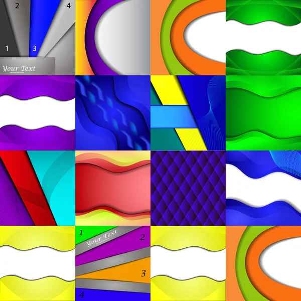 Set von sechzehn verschiedenen und bunten abstrakten Hintergründen — Stockvektor