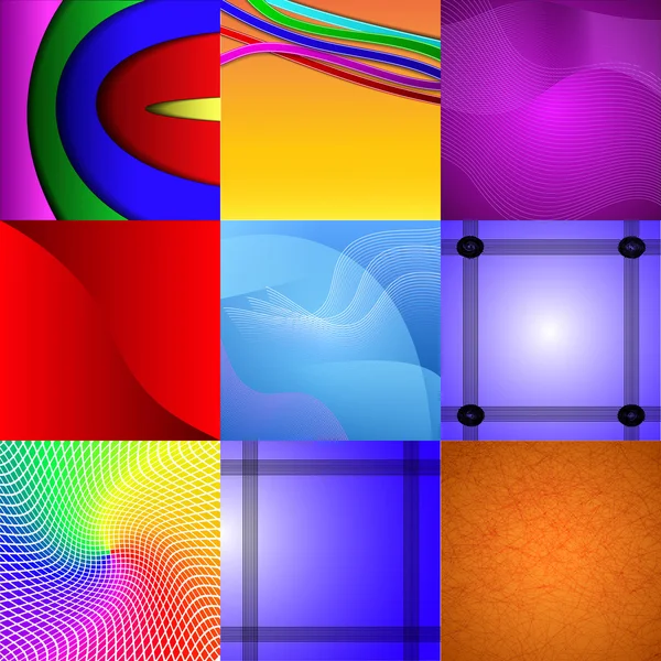 Ensemble de neuf décors abstraits différents et colorés — Image vectorielle