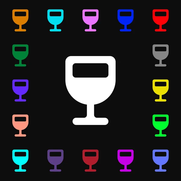 Copo de vinho, bebida alcoólica ícone sinal. Lotes de símbolos coloridos para o seu design. Vetor — Vetor de Stock