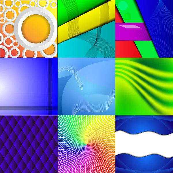 Set aus neun verschiedenen und farbenfrohen abstrakten Hintergründen — Stockvektor