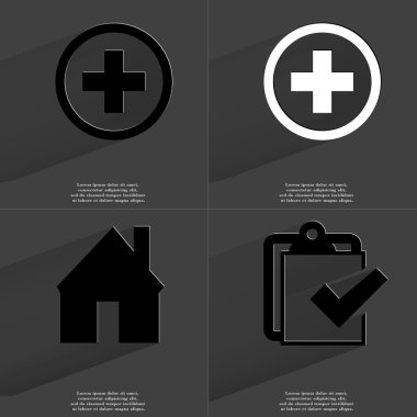 Artı işareti, House, tamamlanmış görev simgesi. Semboller uzun gölge ile. Düz tasarım