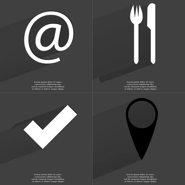 Op teken, vork en mes, teek, Checkpoint. Symbolen met lange schaduw. Platte ontwerp — Stockfoto