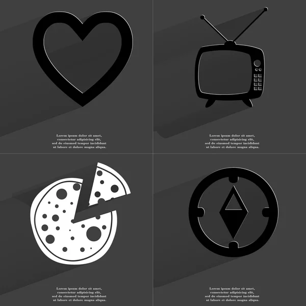 Серце, ретро ТВ, піца, компас. Символи з довгу тінь. Плоский дизайн — стокове фото