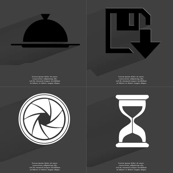 Bricka, Floppy disk Hämta ikon, lins, timglas. Symboler med långa skugga. Platt design — Stockfoto