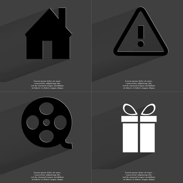 Huis, waarschuwing, videoband, cadeau. Symbolen met lange schaduw. Platte ontwerp — Stockfoto