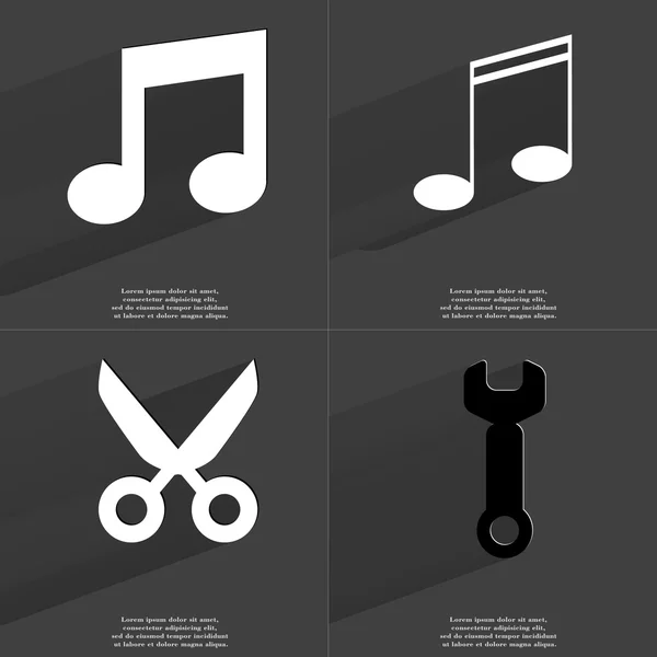 Poznámka: znak, nůžky, klíče. Symboly s dlouhý stín. Plochý design — Stock fotografie