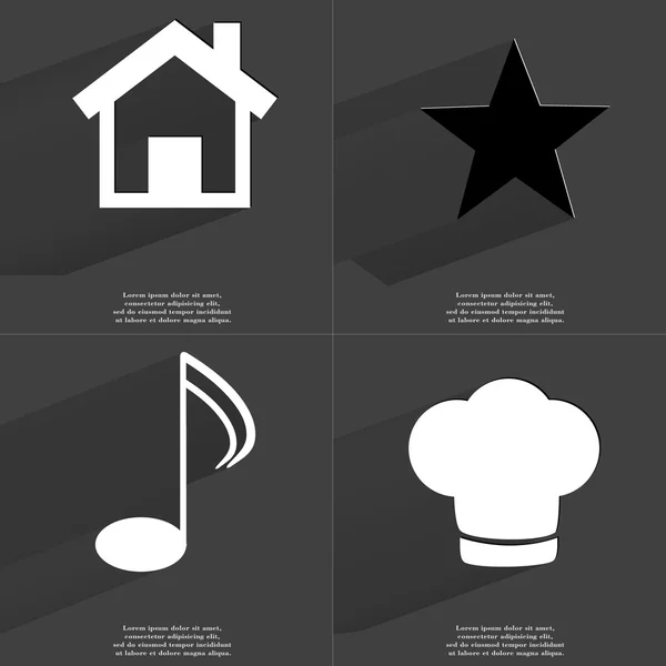 Хаус, Звезда, знак "Примечание", кулинарная шляпа. Символы с длинной тенью. Плоский дизайн — стоковое фото