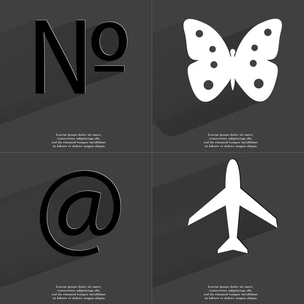 Número, Mariposa, A la señal, Avión. Símbolos con sombra larga. Diseño plano —  Fotos de Stock