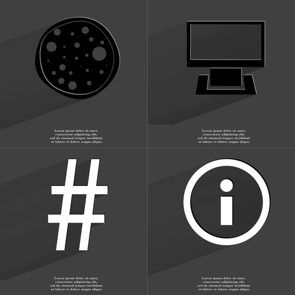 Pizza, Monitor, hekje, informatiebord. Symbolen met lange schaduw. Platte ontwerp — Stockfoto