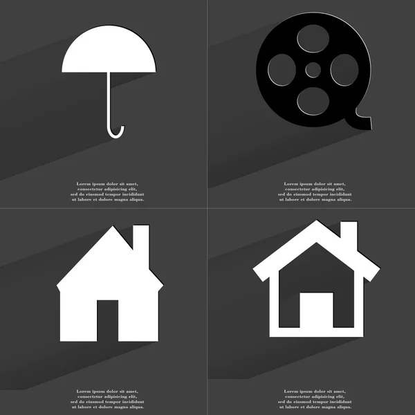 Umbrella, Videotape, House. Symbols with long shadow. Flat design — Stock Photo, Image