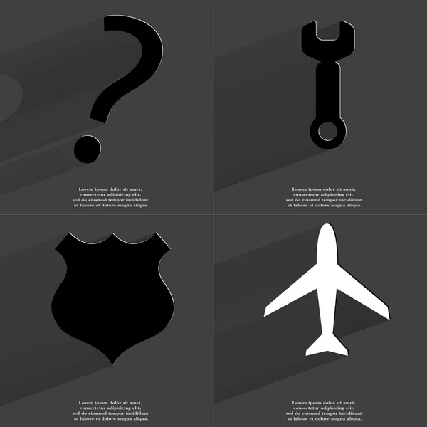 Ερωτηματικό, γαλλικό κλειδί, αστυνομική κονκάρδα, αεροπλάνο. Σύμβολα με πολύ σκιά. Επίπεδη σχεδίαση — Φωτογραφία Αρχείου