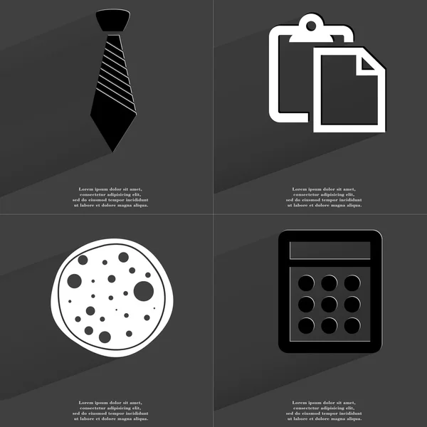 Cravate, liste des tâches, pizza, calculatrice. Symboles avec ombre longue. Conception plate — Photo