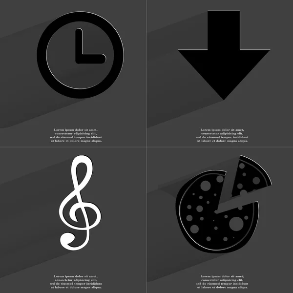 Reloj, Flecha dirigida abajo, Clef, Pizza. Símbolos con sombra larga. Diseño plano —  Fotos de Stock