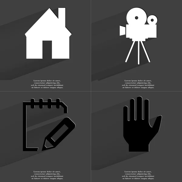 Casa, Cámara de cine, Cuaderno, Mano. Símbolos con sombra larga. Diseño plano —  Fotos de Stock