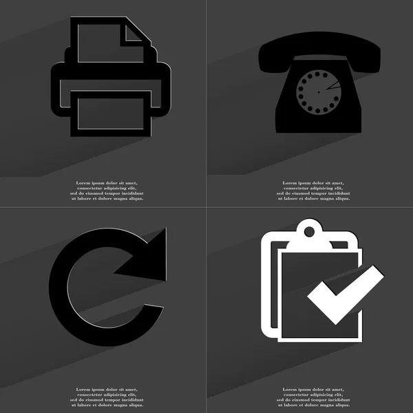 Printer, Retro telefoon, Reload pictogram, pictogram van de complited van de taak. Symbolen met lange schaduw. Platte ontwerp — Stockfoto