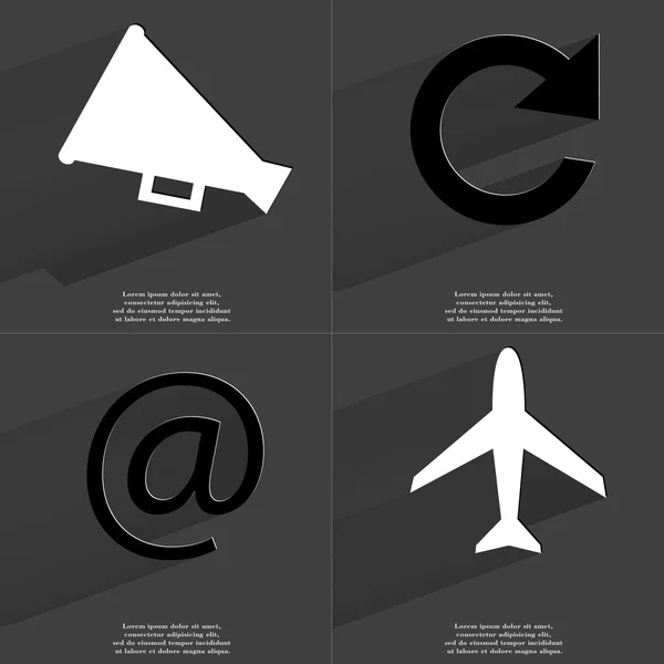 Megafoon, Reload pictogram, apenstaartje, vliegtuig. Symbolen met lange schaduw. Platte ontwerp — Stockfoto