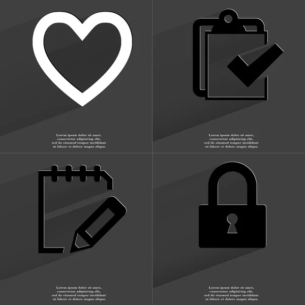 Heart, Task completed icon, Note, Lock. Symbols with long shadow. Flat design — Stock Photo, Image