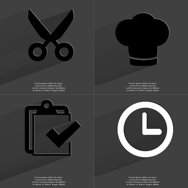 Schaar, koken hoed, voltooid taakpictogram, klok. Symbolen met lange schaduw. Platte ontwerp — Stockfoto