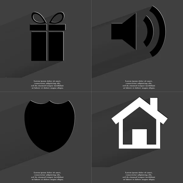 Gift, Sound icon, Badge, House. Symbols with long shadow. Flat design