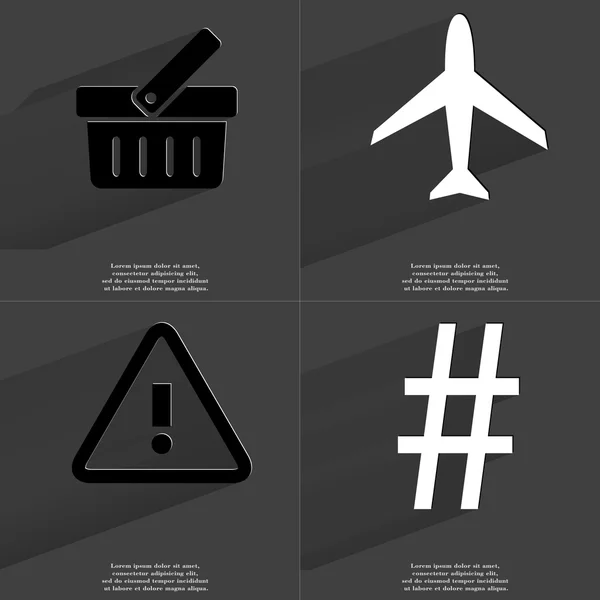 Panier, Avion, Panneau d'avertissement, Panneau numérique. Symboles avec ombre longue. Conception plate — Photo