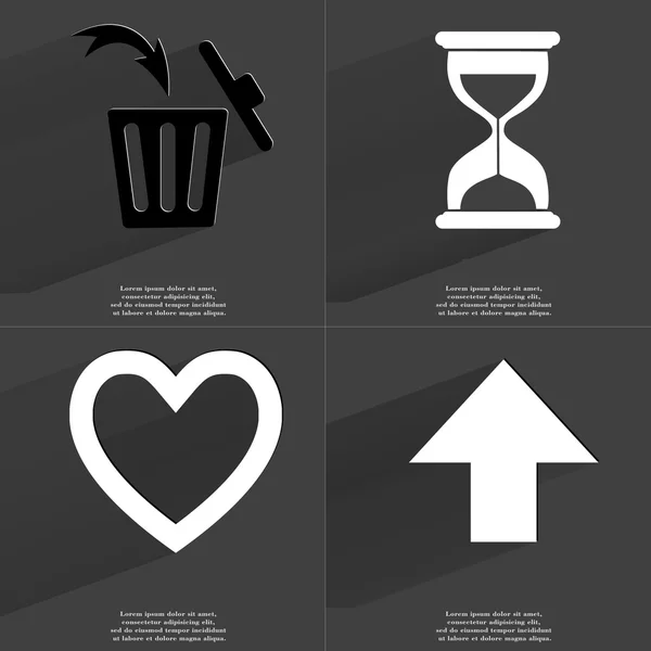 Trash can, Hourglass, Heart, Arrow directed upwards. Symbols with long shadow. Flat design — Stock Photo, Image