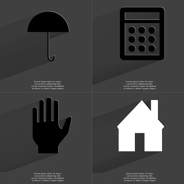 Umbrella, Calculator, Hand, House. Symbols with long shadow. Flat design — Stock Photo, Image