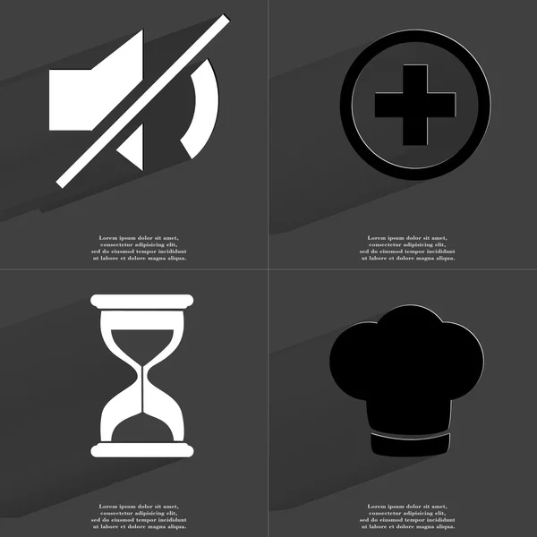 Mute, Plus sign, Hourglass, Cooking hat. Symbols with long shadow. Flat design