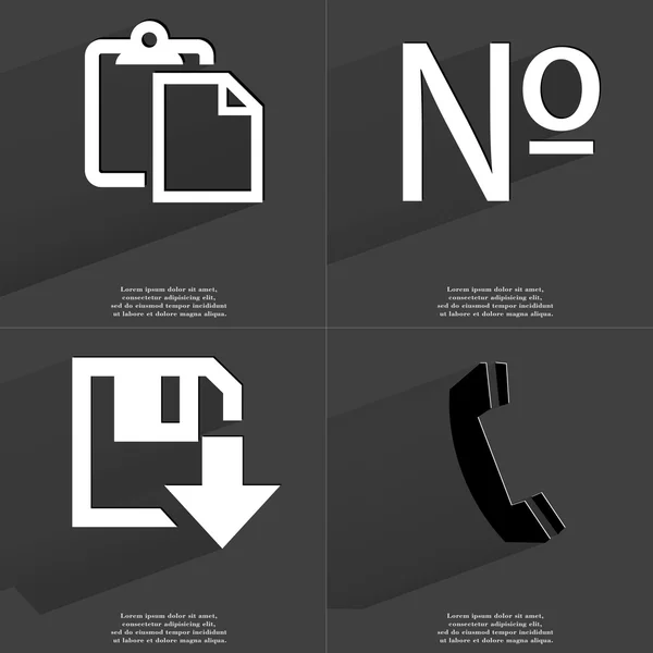 Tasklist, Number sign, Floppy disk download icon, Receiver. Symbols with long shadow. Flat design — Stock Photo, Image