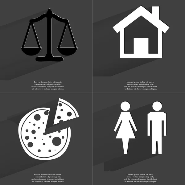 Váhy, dům, Pizza, siluety muže a ženy. Symboly s dlouhý stín. Plochý design — Stock fotografie