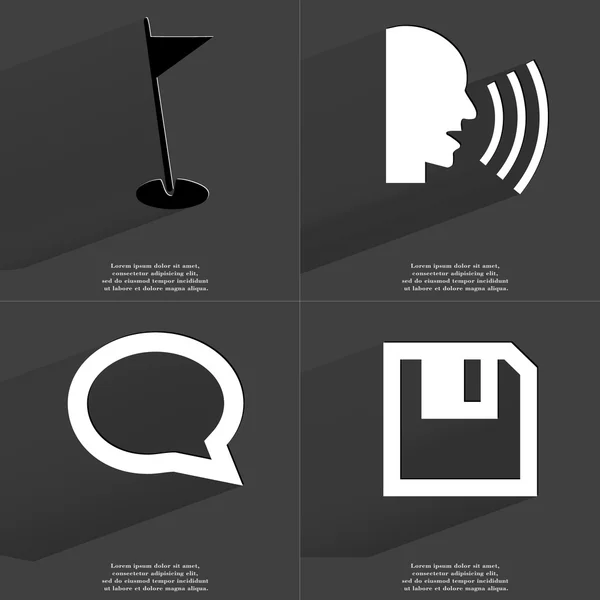 Buca da golf, Talk, Chat bolla, floppy disk. Simboli con lunga ombra. Design piatto — Foto Stock