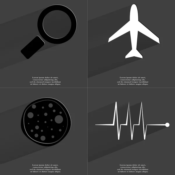 Magnifying glass, Airplane, Pizza, Pulse. Symbols with long shadow. Flat design — Stock Photo, Image