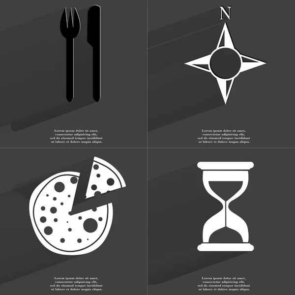 Tenedor y cuchillo, Brújula, Pizza, Reloj de Arena. Símbolos con sombra larga. Diseño plano —  Fotos de Stock