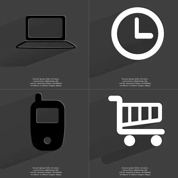 Ноутбук, часы, мобильный телефон, тележка. Символы с длинной тенью. Плоский дизайн — стоковое фото