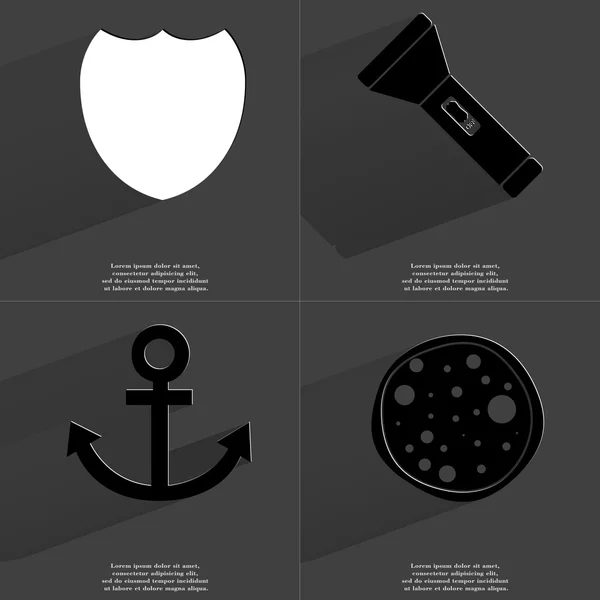 Badge, Flashlight, Anchor, Pizza. Symbols with long shadow. Flat design — Stock Photo, Image