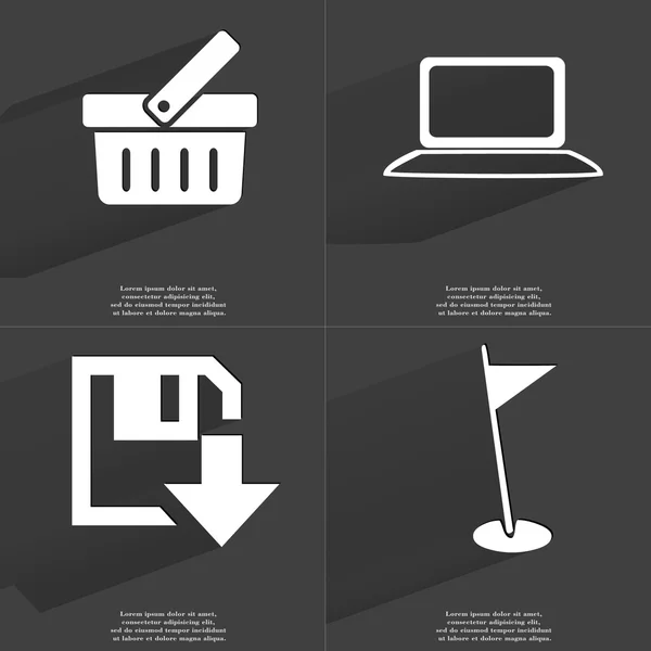 Mand, Laptop, Floppy disk download icoon, Golf hole. Symbolen met lange schaduw. Platte ontwerp — Stockfoto