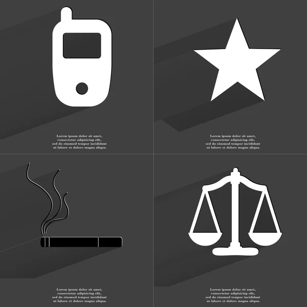 Mobile phone, Star, Cigarette, Scales. Symbols with long shadow. Flat design — Stock Photo, Image