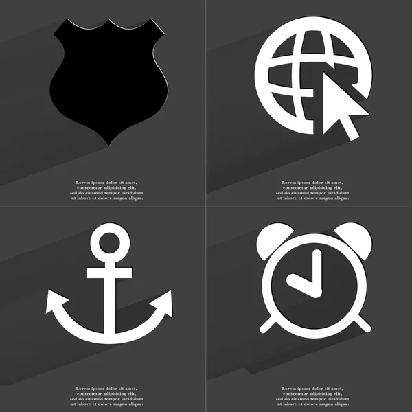 Police badge, Web icon cursor, Anchor, Alarm clock. Symbols with long shadow. Flat design — Stock Photo, Image