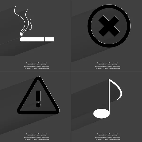 Cigarrillo, Alto, Advertencia, Señal de nota. Símbolos con sombra larga. Diseño plano — Foto de Stock