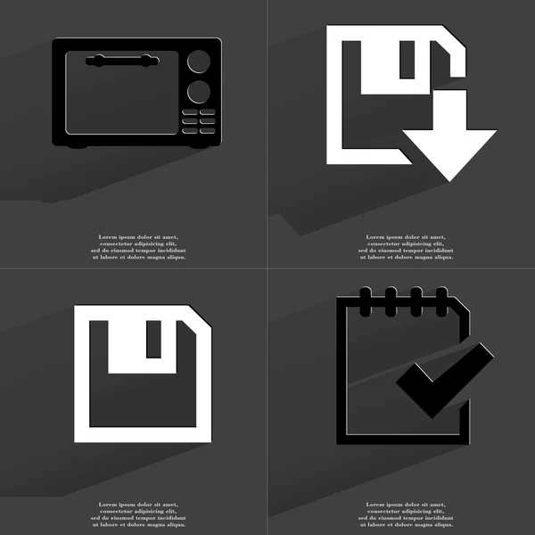Microondas, icono de descarga de disquete, icono completado tarea. Símbolos con sombra larga. Diseño plano —  Fotos de Stock