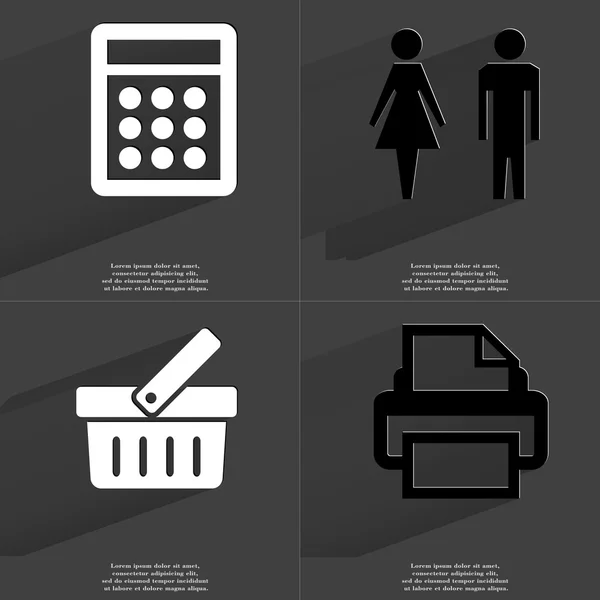 Calculator, Silhouette of man and woman, Basket, Printer. Symbols with long shadow. Flat design — Stock Photo, Image