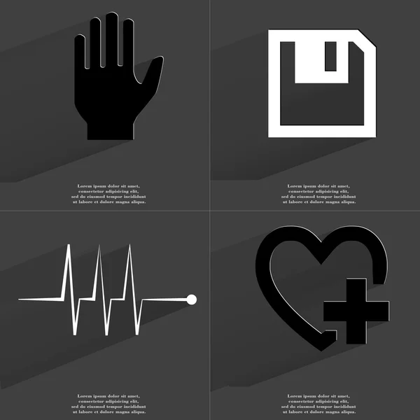 Рука, дискета, пульс, знак "Серце плюс". Символи з довгою тінь. Плоский дизайн — стокове фото