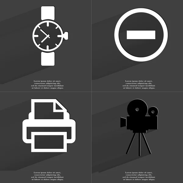 Clock, Minus sign, Printer, Film camera. Symbols with long shadow. Flat design — Stock Photo, Image