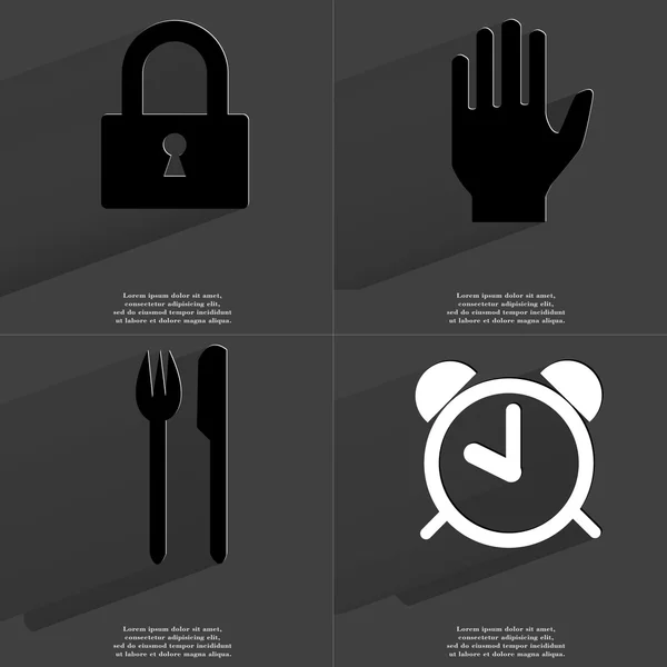 Cerradura, Mano, Tenedor y cuchillo, Reloj despertador. Símbolos con sombra larga. Diseño plano —  Fotos de Stock