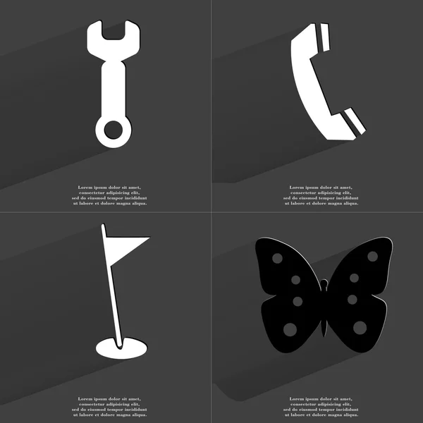 Skiftnyckel, mottagare, Golf hål, fjäril. Symboler med långa skugga. Platt design — Stockfoto