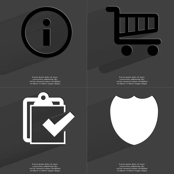 Důležitá informace, nákupní košík, úkol dokončen ikonu, odznak. Symboly s dlouhý stín. Plochý design — Stock fotografie