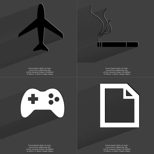 Repülőgép, cigaretta, Gamepad, fájl ikonjára. Szimbólumok a hosszú árnyéka. Lapos kivitel — Stock Fotó