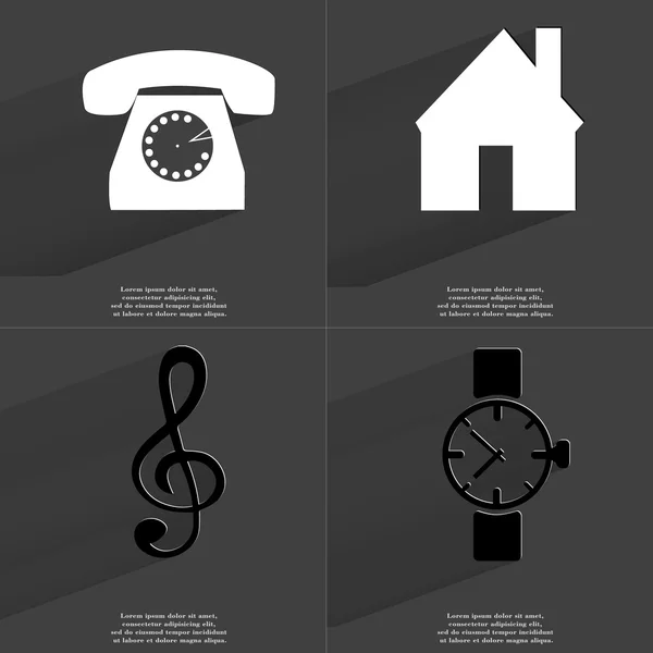 Teléfono retro, House, Clef, reloj de pulsera. Símbolos con sombra larga. Diseño plano —  Fotos de Stock