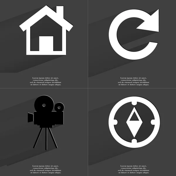 House, Reload, Film camera, Compass. Symbols with long shadow. Flat design — Stock Photo, Image